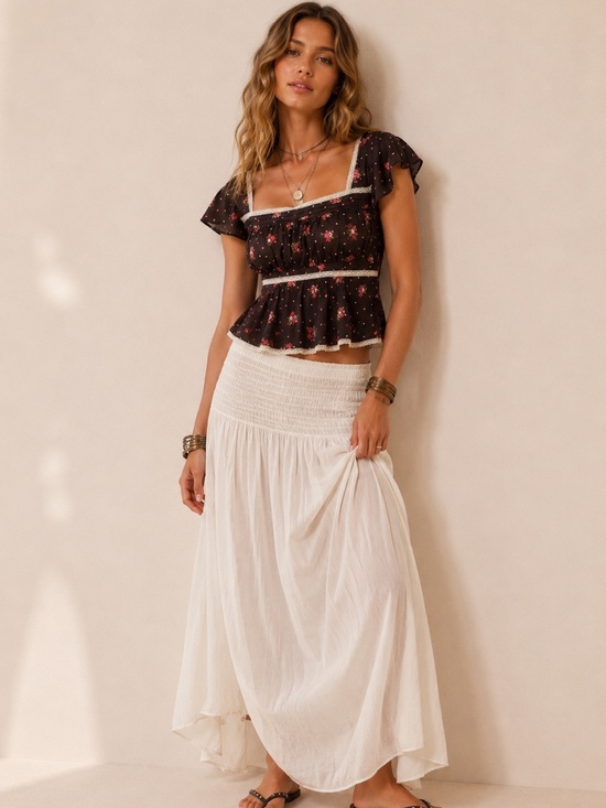 Free People Tops - Free People Floral Peplum Top Square Neck Pink Rose Print Boho Festival